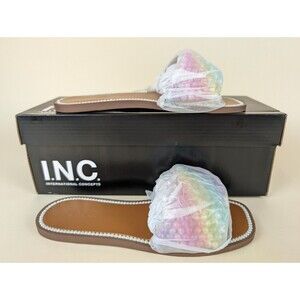 INC Pelle Slide Flats Sandals Womens 5 M Rainbow Pearl Open Toe Shoes NWB